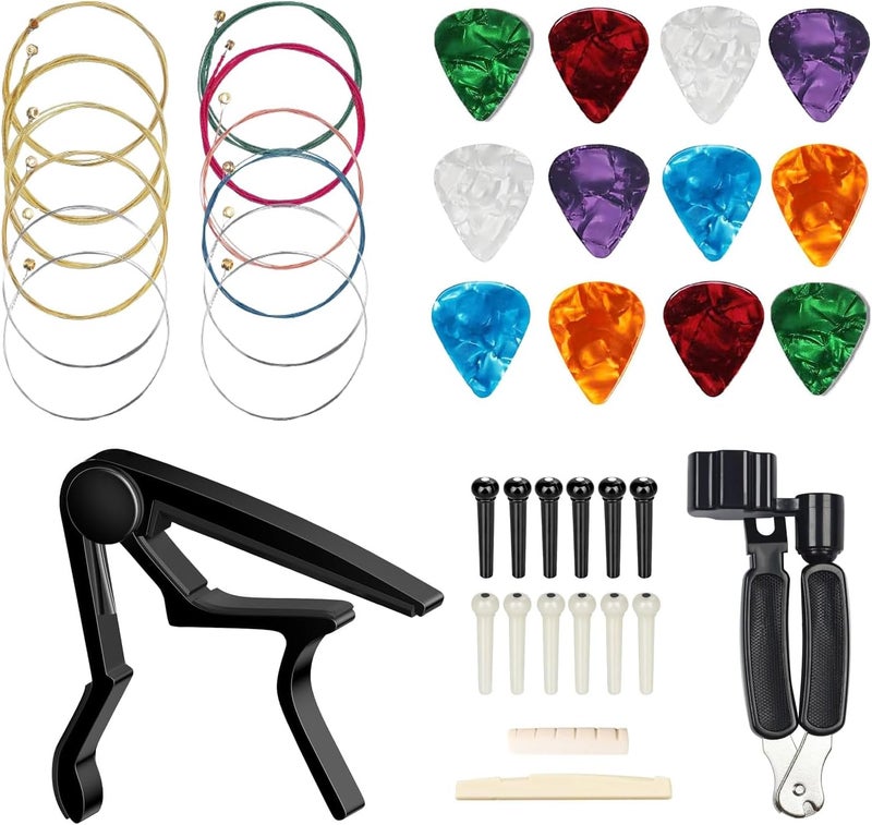 JINWEE Acoustic Guitar Accessories Kit,Guitar Tool Changing Kit Including Acoustic Strings, Picks, Capo, Bridge Pins, Bridge Saddle Nut and 3 in 1 guitar string winder cutter and pin puller. - Image 1